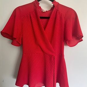 Anthropologie Monteau Red White Polka Dot Wrap Tie Front V-Neck Slim Fit Blouse
